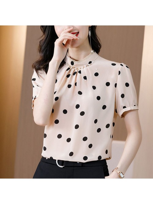 Polka dot printed silk shirt women's short sl...