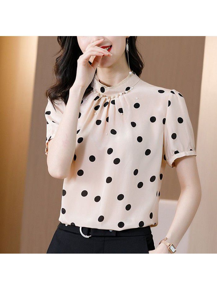 Polka dot printed silk shirt women's short sleeve loose new fashion foreign style stand collar Pullover mulberry silk top spring and summer 