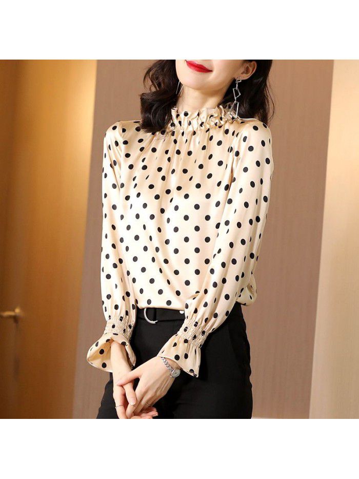 Polka dot printed satin silk shirt women's long sleeve  new spring wear lotus collar loose mulberry silk top 