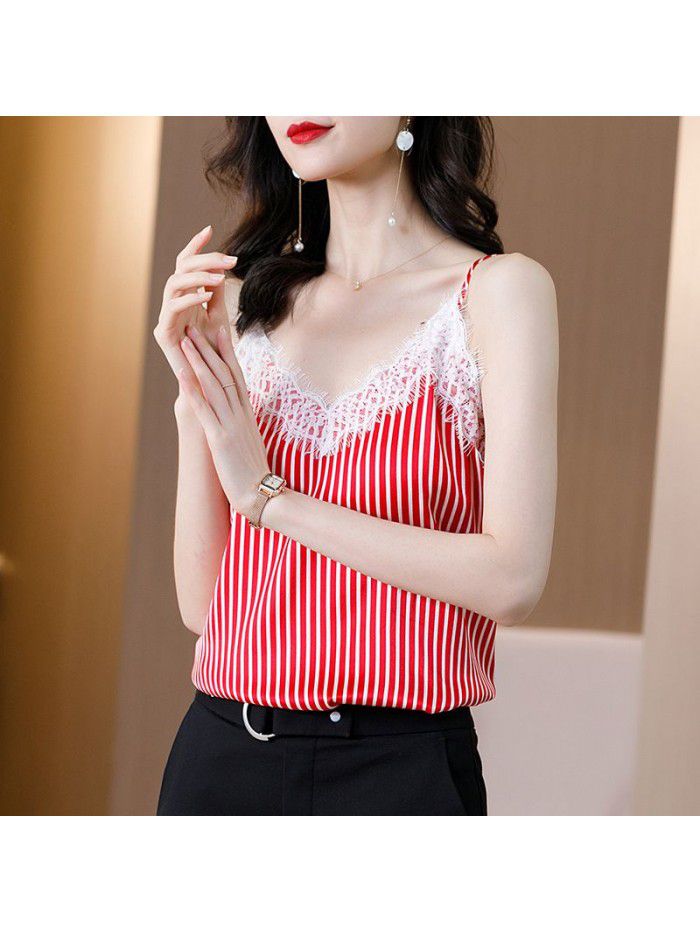 Red striped silk suspender backing  new casual and versatile, sexy V-neck silk vest for women 