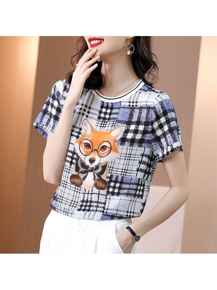 Silk short sleeve T-shirt women's summer  new loose cartoon print mulberry silk harbor style Korean version top 