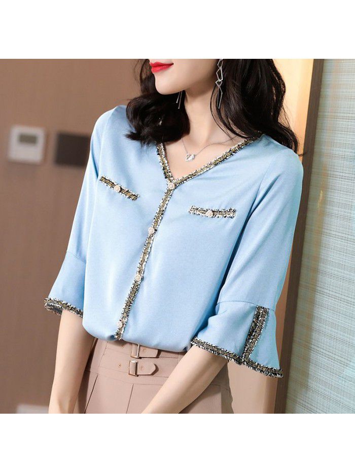 Shuangqiao Silk Shirt Short Sleeve summer dress  new top pure color foreign style shirt mulberry silk ironing temperament 