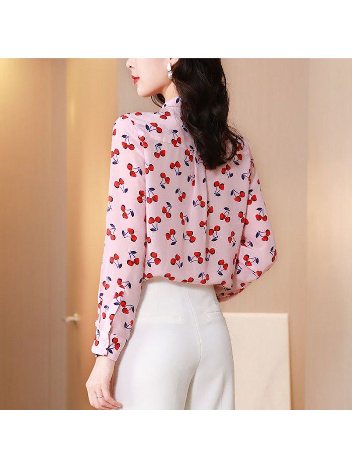 Pink silk shirt women's  spring fashion new cherry Print Long Sleeve mulberry silk top women's wear 