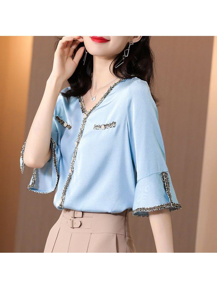 Shuangqiao Silk Shirt Short Sleeve summer dress  new top pure color foreign style shirt mulberry silk ironing temperament 
