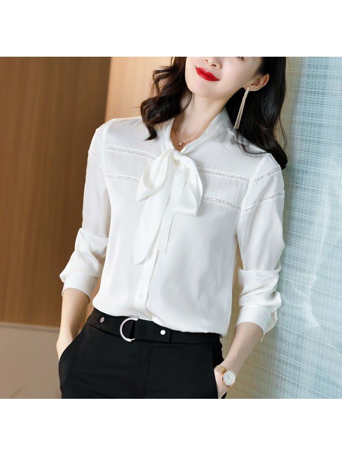 White silk shirt women's long sleeve  spring and autumn new loose solid color lace casual silk women's top 