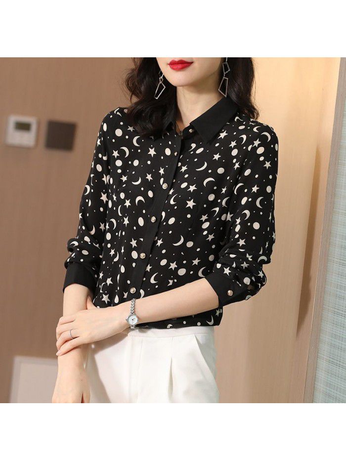 Black silk shirt women's long sleeve  spring and summer new fashion foreign style top loose and versatile polo collar shirt 