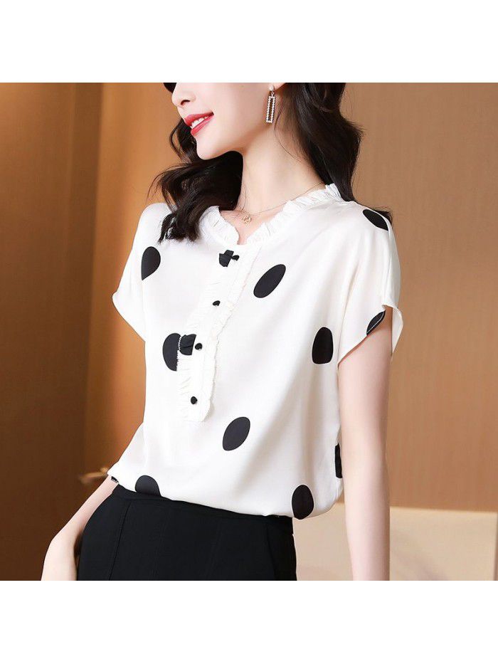 Silk short sleeve top female Auricularia edge wave point  summer new fashion loose white mulberry silk T-shirt 