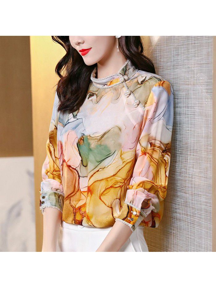 Heavy silk shirt women's  new spring fashion loose coil button printing drape long sleeve mulberry silk top 