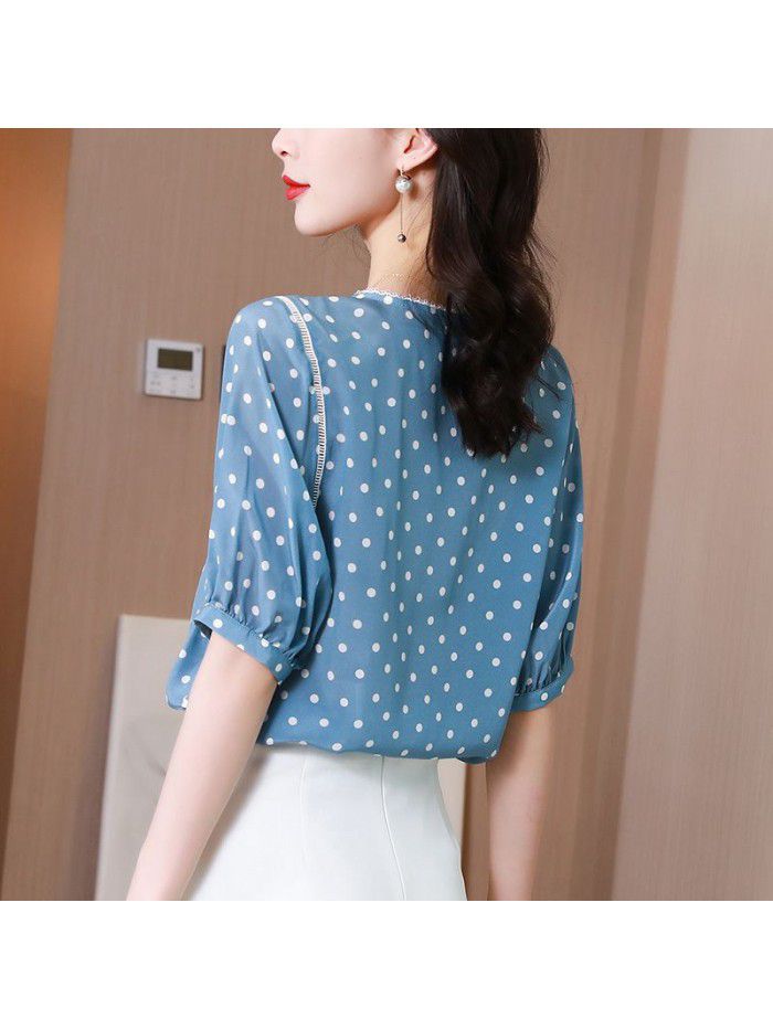 Silk short sleeve shirt  French lace retro wave point spring and summer age reduced blue mulberry silk lantern sleeve top female 