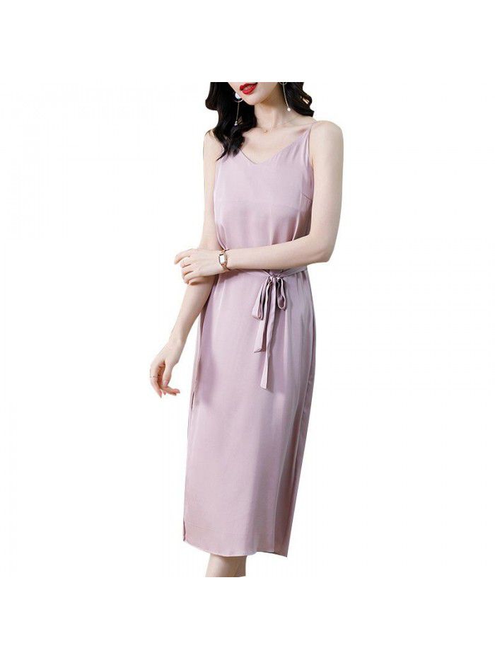 Light mature style dress summer  new style waist close show thin temperament broad lady fashion V-neck pink solid color skirt 