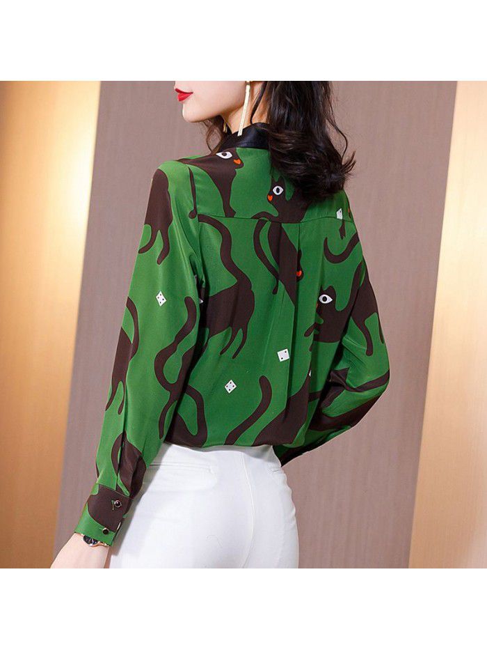 Heavyweight silk shirt women's  spring new fashion foreign style Abstract cat print versatile silk blouse women 