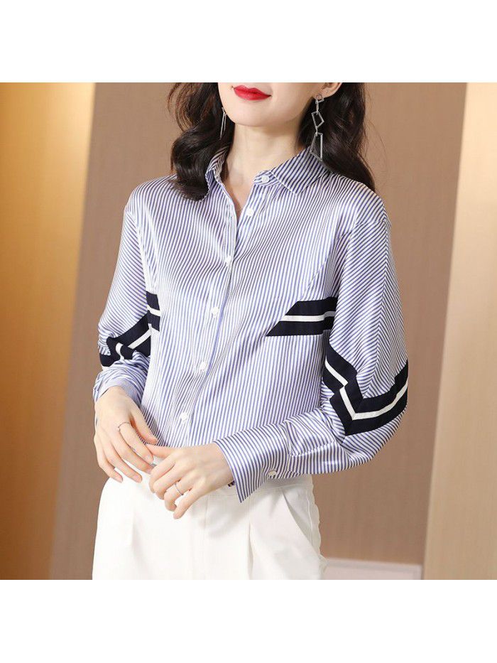 Stripe contrast shirt long sleeve  spring new loose large casual versatile Bat Sleeve Shirt Top 