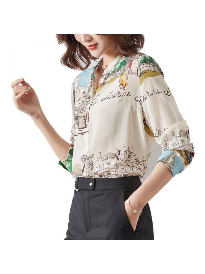 Women's spring new  shirt architectural printing long sleeve mulberry silk temperament standing collar printing heavy silk top 