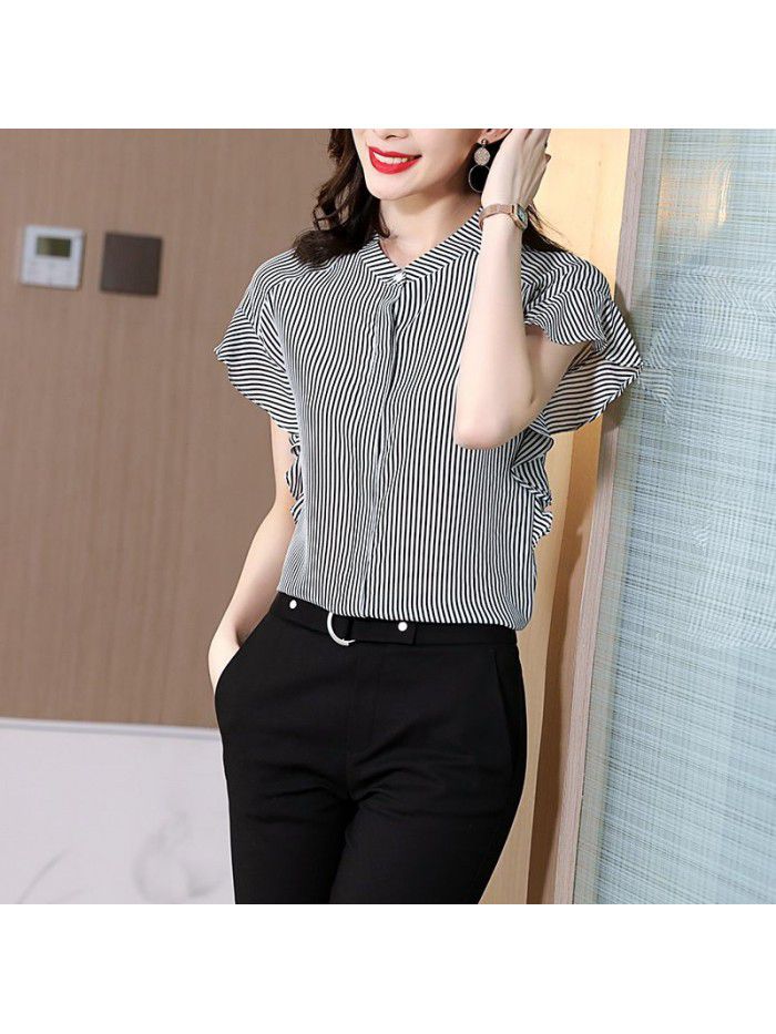 Silk shirt women's  summer new commuter stripe short sleeve design sense minority temperament stand collar versatile top 