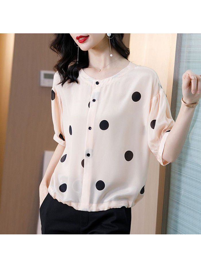Poldian silk shirt women's European fashion station foreign style small shirt design sense small mulberry silk short sleeve top 