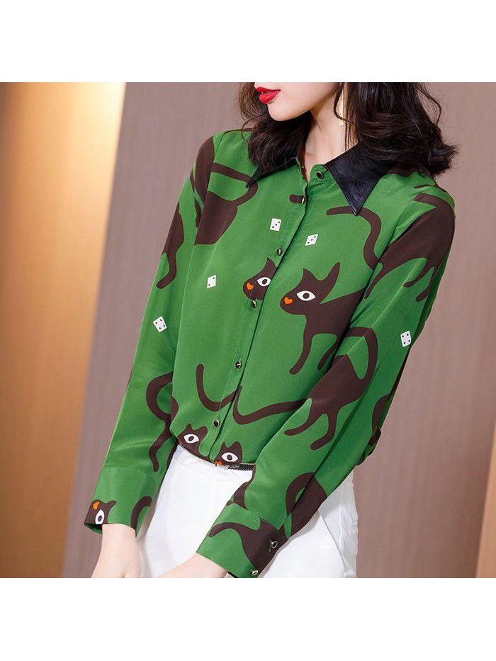 Heavyweight silk shirt women's  spring new fashion foreign style Abstract cat print versatile silk blouse women 