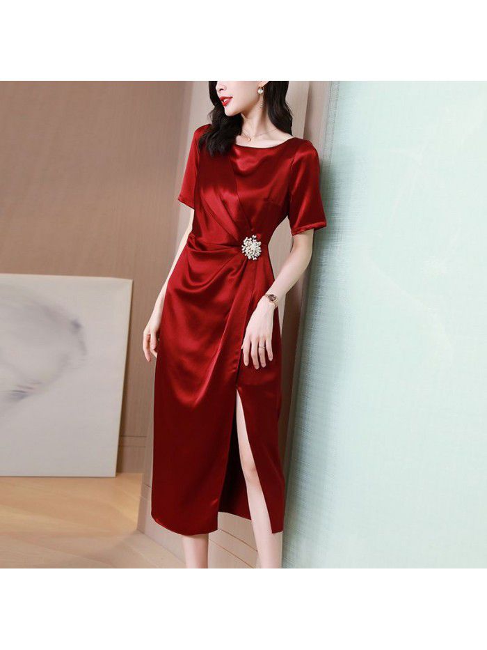 Acetic acid satin dress women's summer  women's new high end celebrity temperament red dress long skirt  Acetic acid satin dress women's summer  women's new high end celebrity temperament red dress long skirt