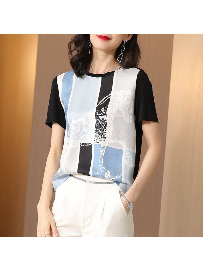 Silk silk short sleeve t-shirt female modal T-shirt  summer new printing fashion loose top 