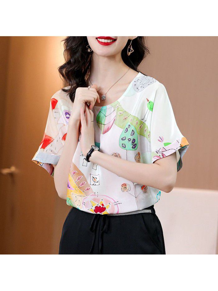 European station  summer new women's wear silk short sleeve T-shirt European silk printed thin top women's fashion 