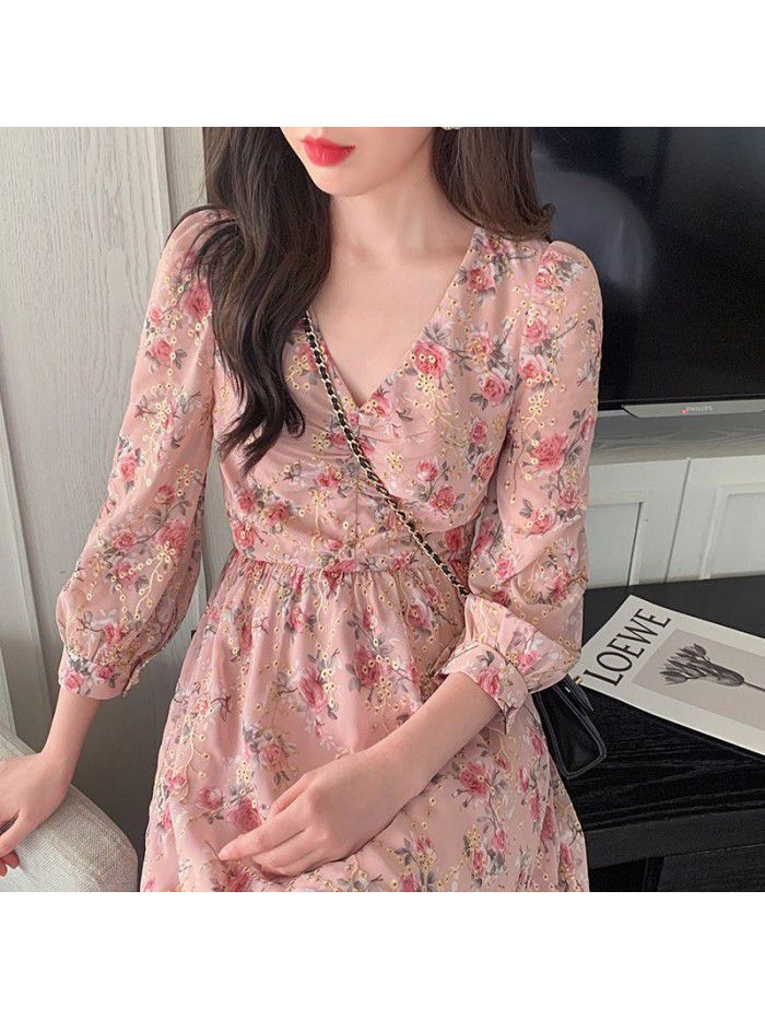 French embroidery dress women's  spring new retro square collar Long Sleeve Chiffon floral skirt 