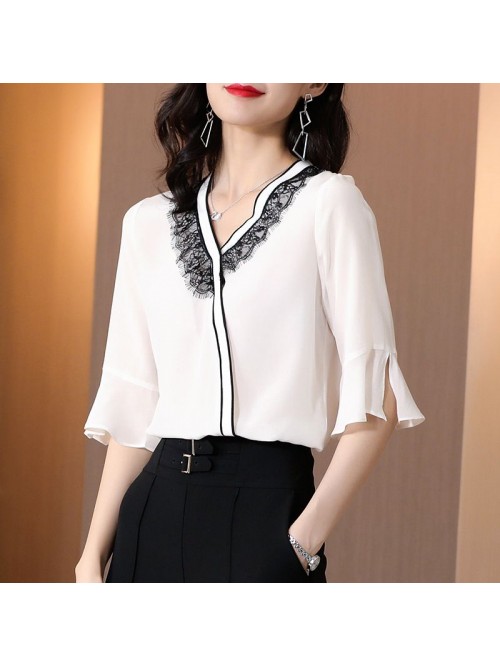 Real silk shirt women  summer new lace design smal...