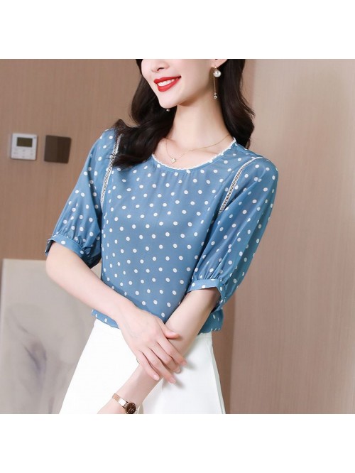Silk short sleeve shirt  French lace retro wave po...
