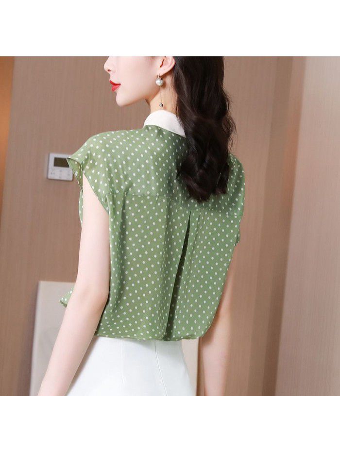 Silk polka dot print top French Shirt Short Sleeve  summer new style color contrast mulberry silk shirt 