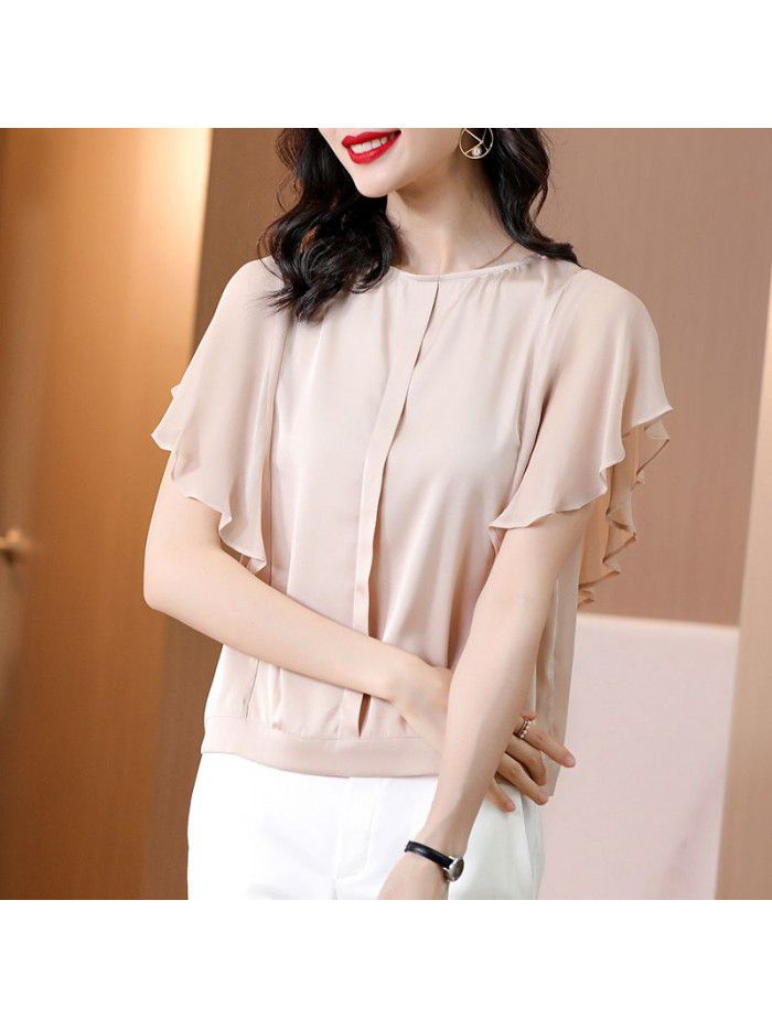 Silk blouse women's foreign style new summer dress  summer women's bat sleeve loose Fashion Top short sleeve fashion 