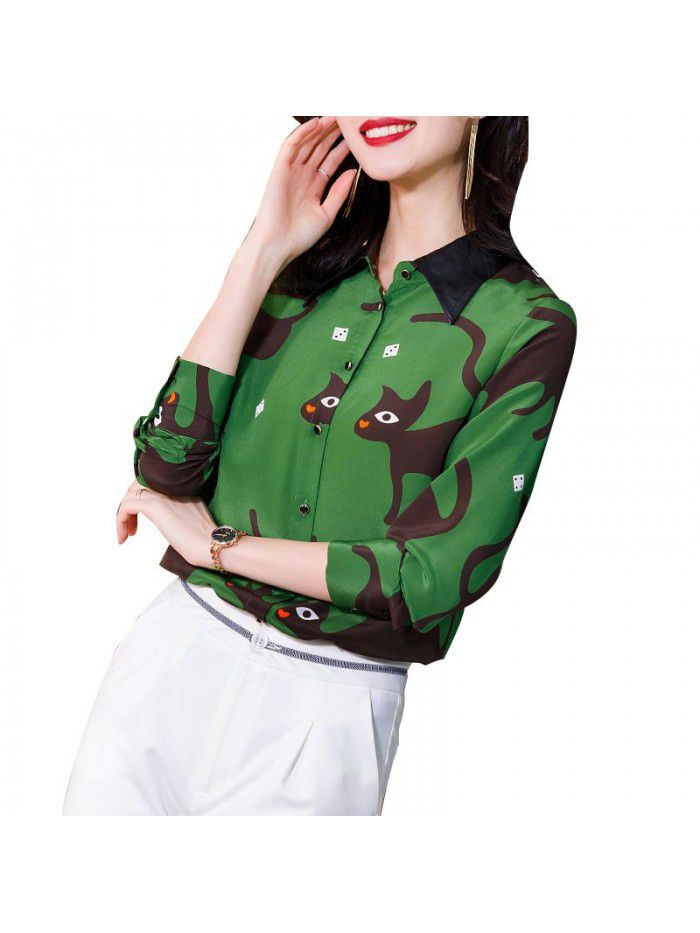 Heavyweight silk shirt women's  spring new fashion foreign style Abstract cat print versatile silk blouse women 