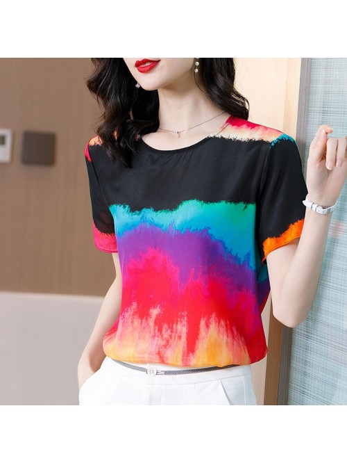 Silk graffiti T-shirt women's  summer new cas...