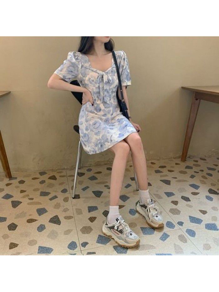 Retro oil painting dress women's  summer dress new French style waist down with thin temperament 