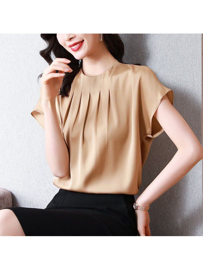 Silk shirt fan top female short sleeve  new loose T-shirt fashion foreign pure color mulberry silk shirt 