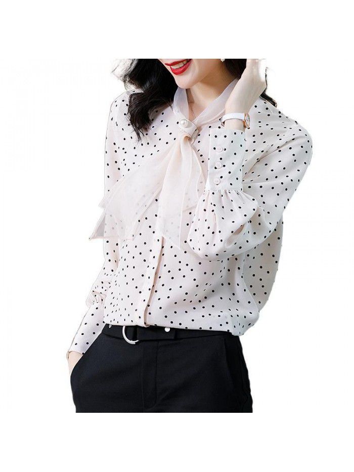 Women's design sense of silk shirt niche spring and summer  new wave dot long sleeve top nailed with pearl mulberry silk 