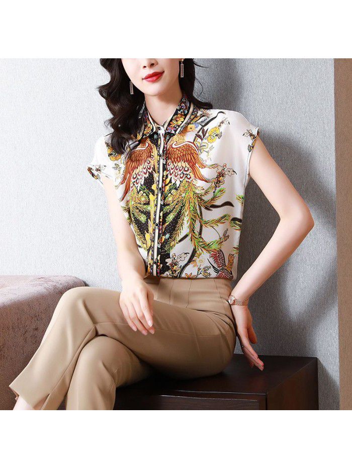 French Silk Shirt Short Sleeve  summer new loose casual printing silk lined top women's wear 
