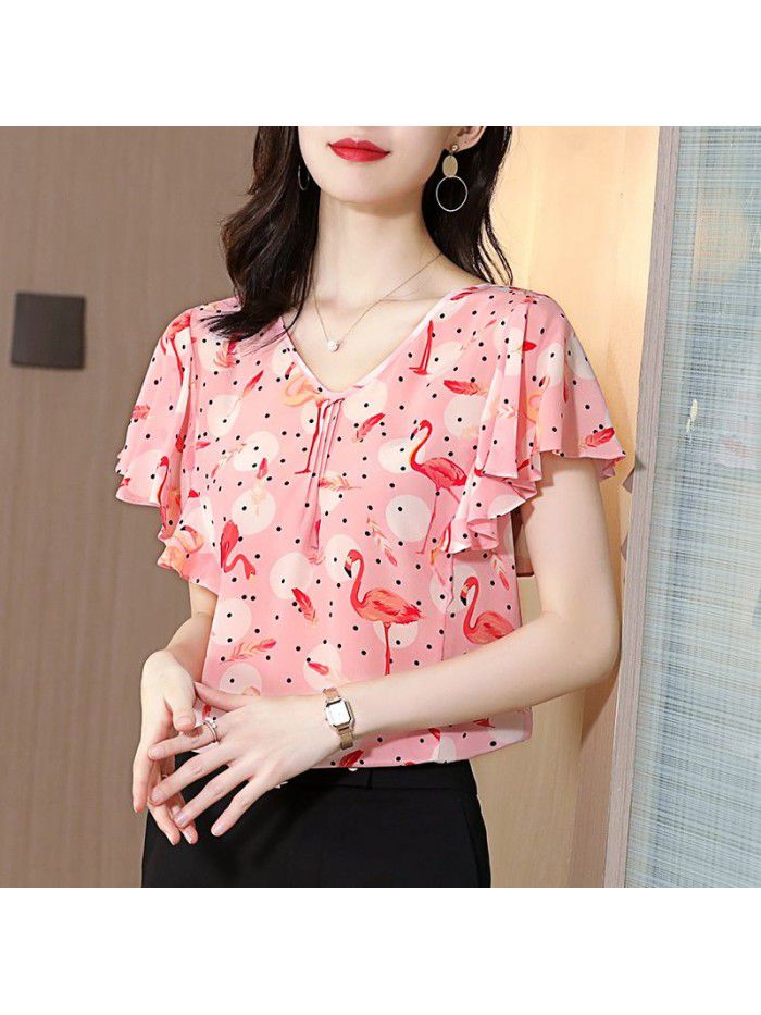 Silk blouse female mulberry silk short sleeve  spring new loose style V-neck Ruffle Shirt Top 