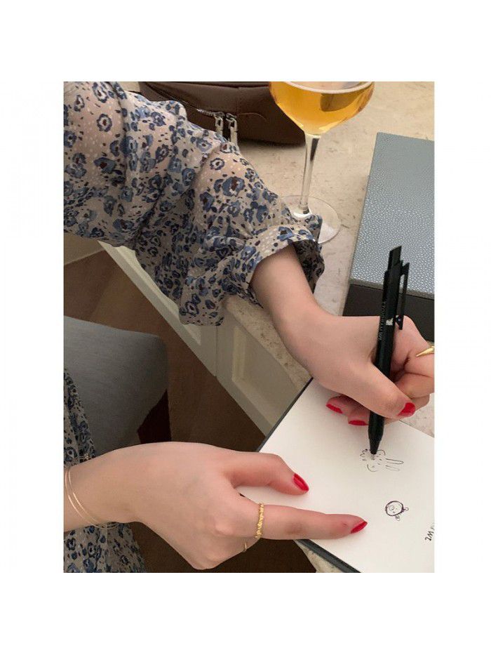 spring fashion commuting high waist slim V-neck floral dress (rhombic / blue) A-line medium length skirt 
