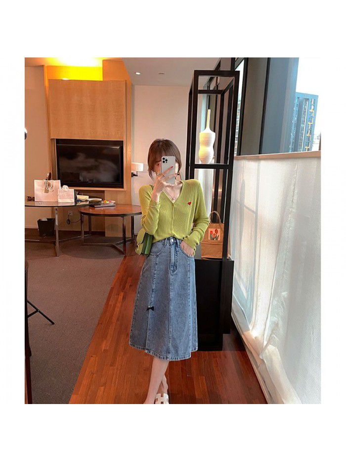Guo Guo custom split skirt women's spring and summer  new high waist denim skirt A-line skirt bow small 