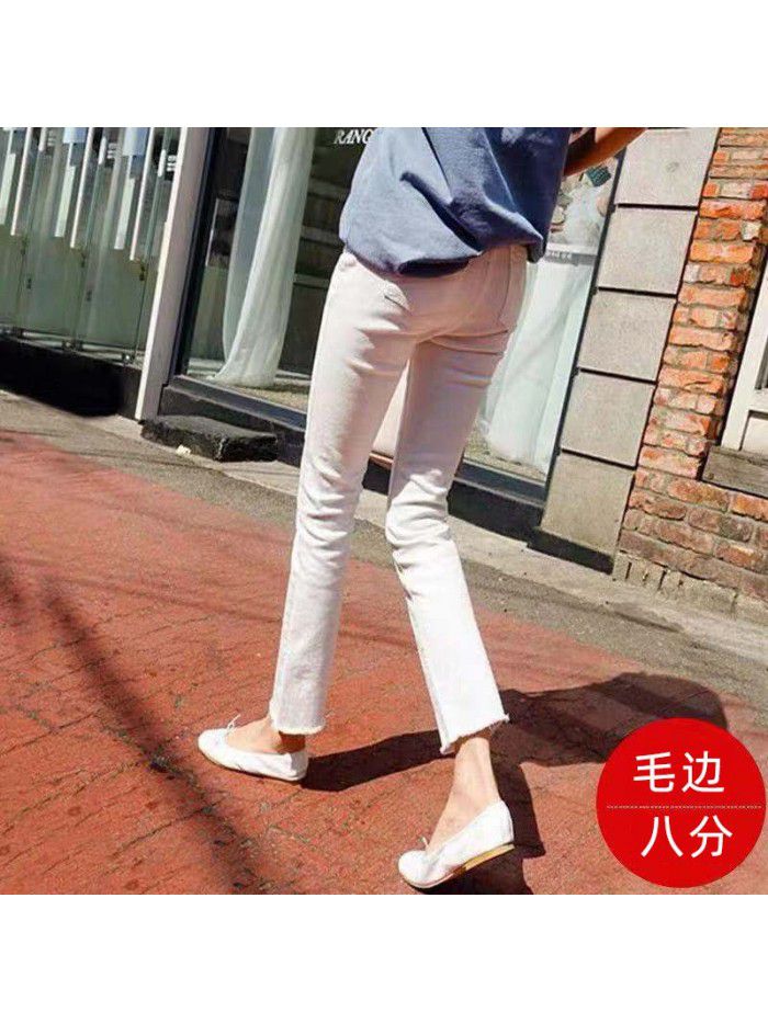 White Straight Jeans Women's lace Capris  spring chic Korean stretch slim high waist Capris 
