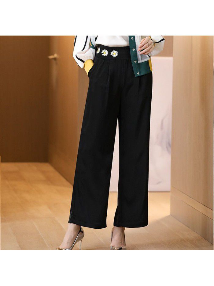 Black silk casual pants women's summer  new small zouju embroidery loose mulberry silk wide leg pants women's trendy pants 