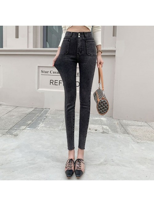  grey jeans women spring autumn high waist tight s...