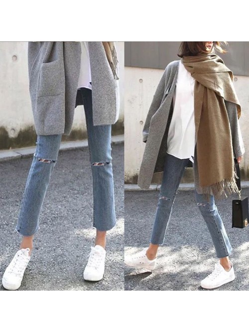 Pierced straight jeans women's nine point loo...