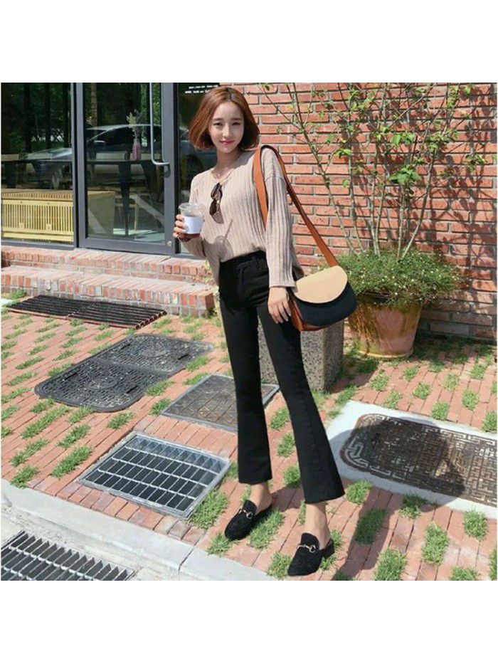 Black micro trumpet jeans women's quarter pants in spring and summer  