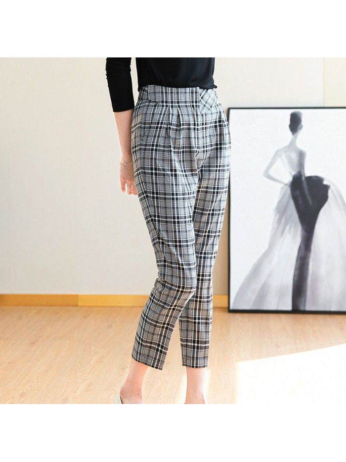 Plaid pipe pants women's casual versatile  fashion high waist slim professional straight pants women's suit pants 