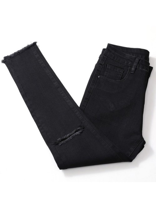 Hole jeans women's black high waist quarter t...