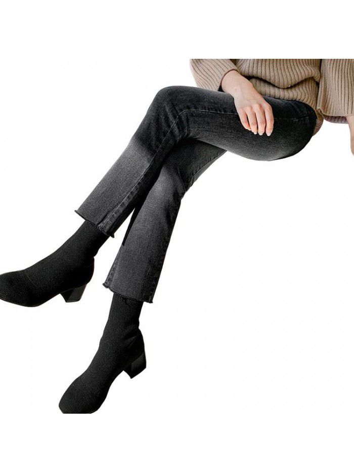 Grey jeans women's high waist spring and autumn new slim stretch 89% loose slim straight pipe pants 