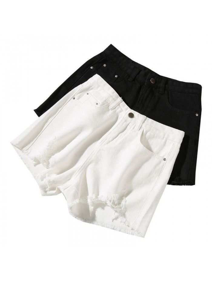 Black Denim Shorts women's summer wear beggars  new loose A-line burr hole hot pants fashion 