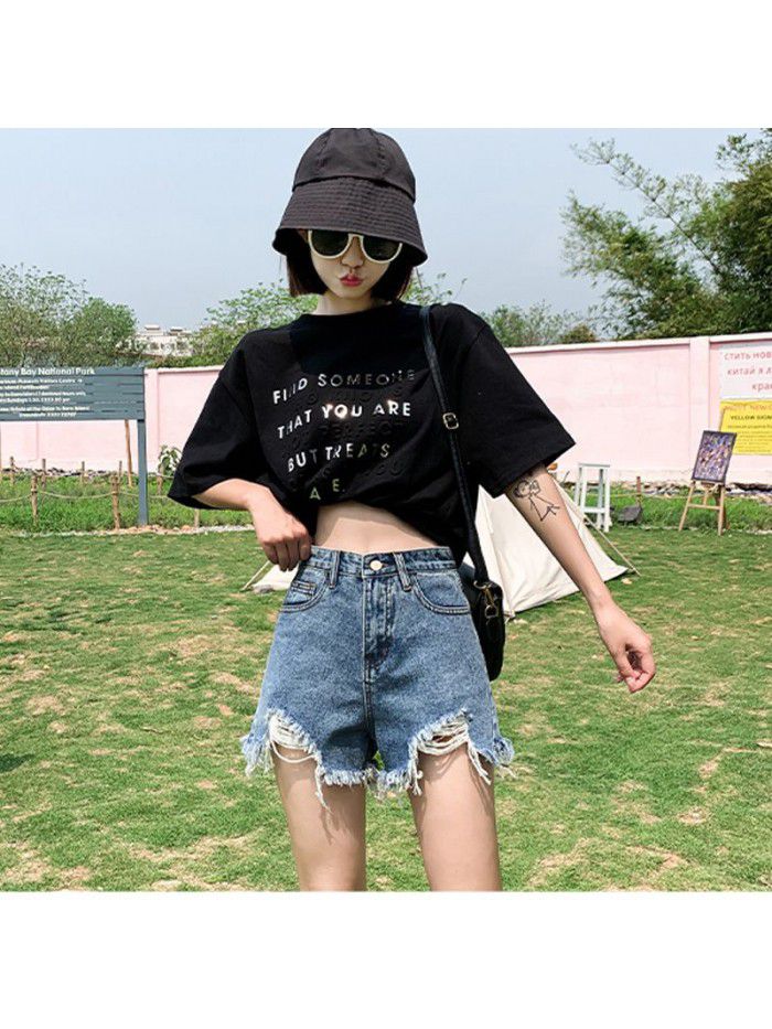 Black Denim Shorts women's summer wear beggars  new loose A-line burr hole hot pants fashion 
