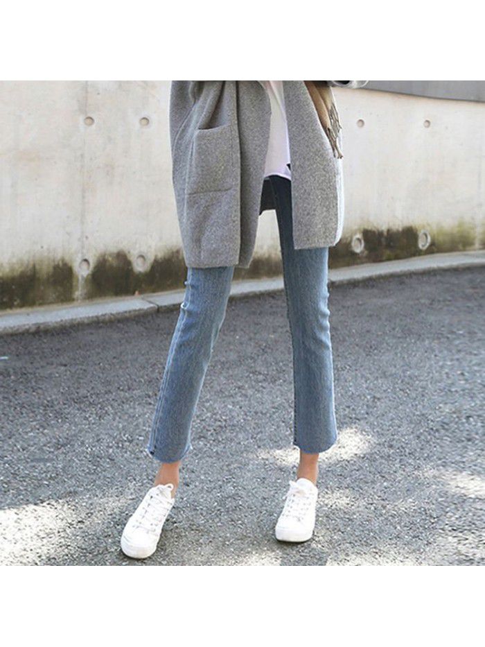 Pierced straight jeans women's nine point loose pants show thin Korean strange taste girl spring and summer beggars CEC pants 