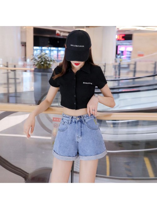 High waist denim shorts women's summer  new f...