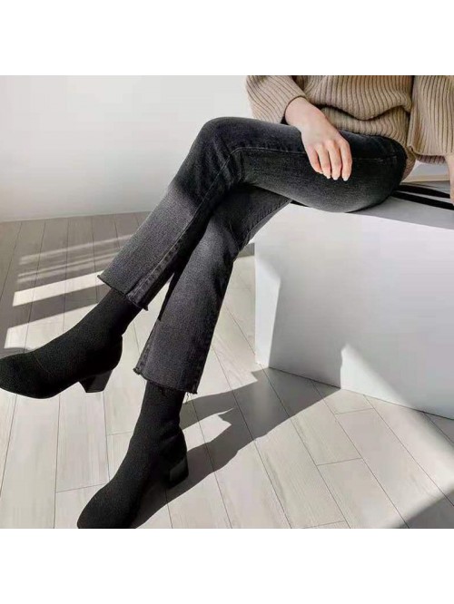 Grey jeans women's high waist spring and autu...